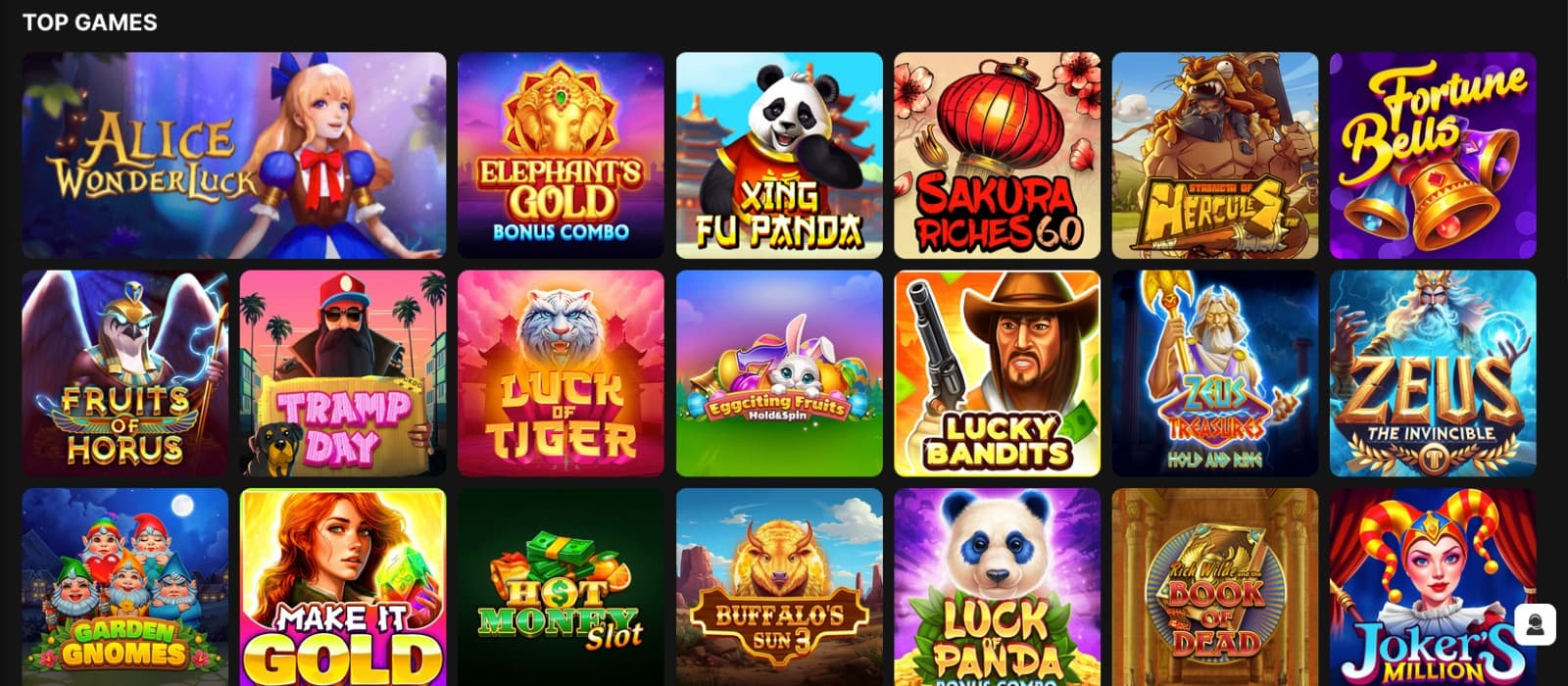 Kingamo Casino’s games lobby featuring top slot titles like Alice Wonderluck, Elephant’s Gold, Xing Fu Panda, Sakura Riches 60, and Book of Dead.