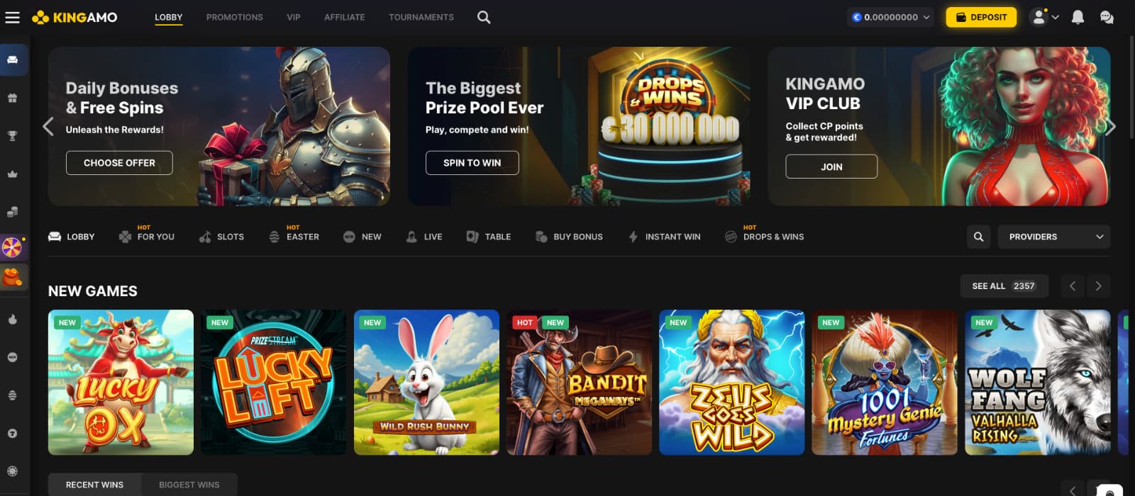 Kingamo Casino homepage featuring a top navigation menu, promotional banners, VIP club highlights, and a selection of new slot games.