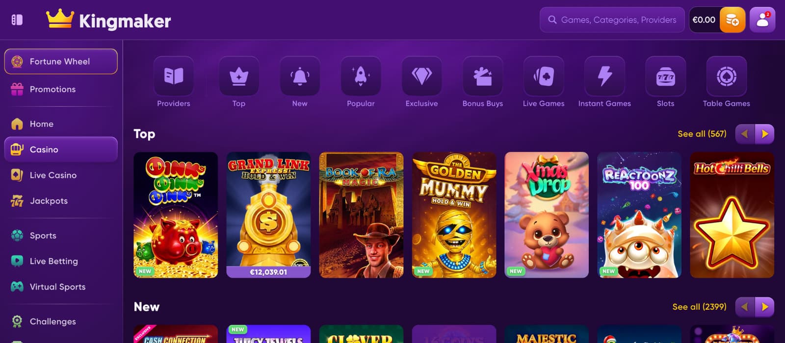 Kingmaker Casino games page displaying top slots, new releases, and popular casino categories