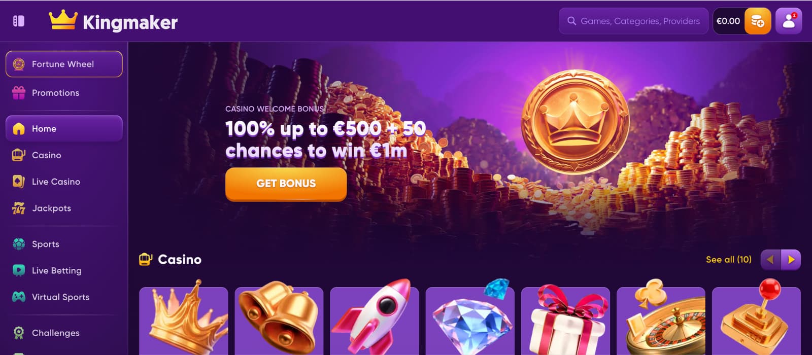 Kingmaker Casino homepage showing 100% welcome bonus up to €500 with Fortune Wheel promotion