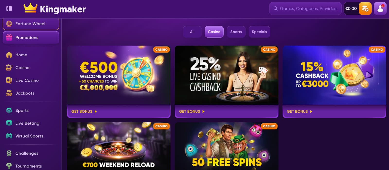 Kingmaker Casino promotions page showing active welcome bonus, cashback offers, and reload promotions