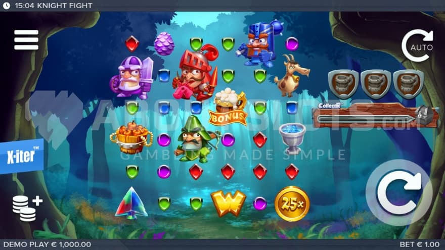 The base game playing grid set in the forest with the 4 knights spread out on the reels