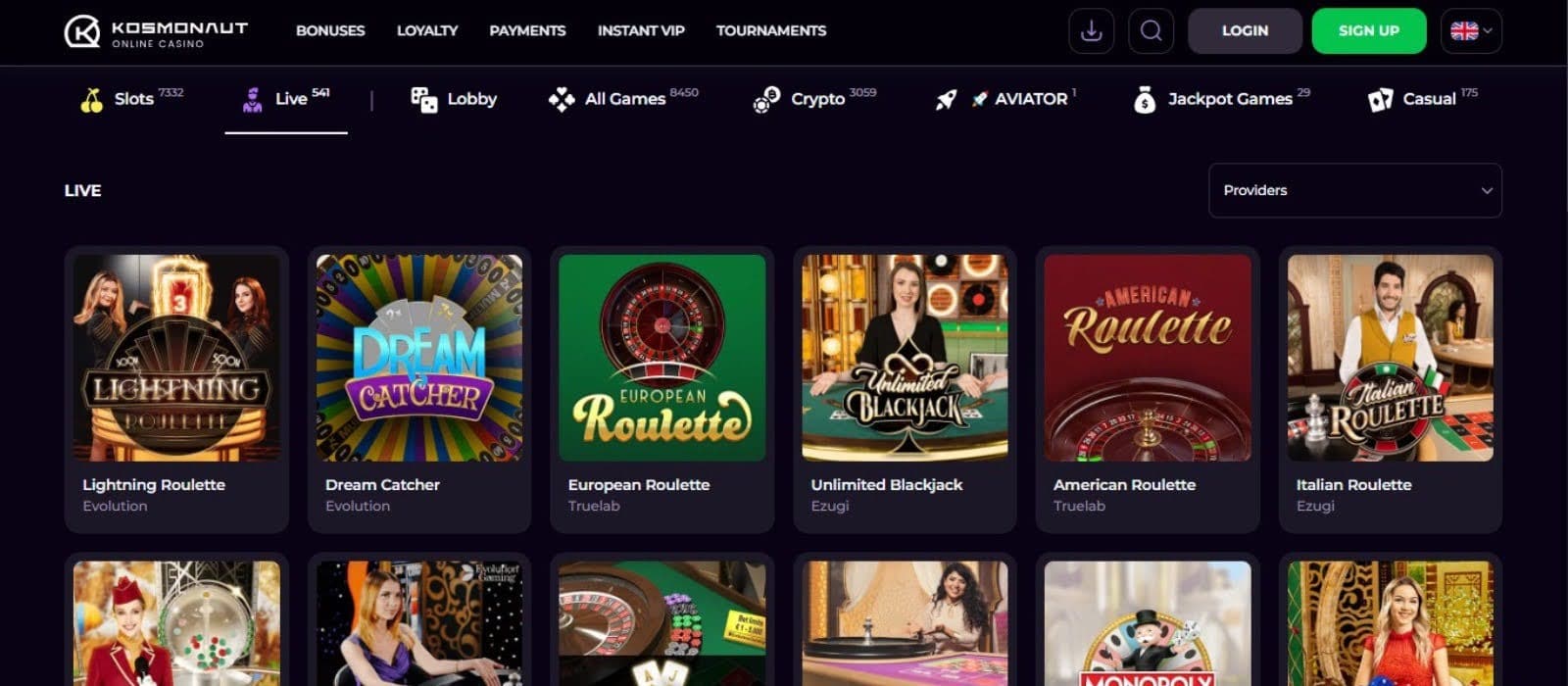 Kosmonaut Casino's live games section, showing variations of roulette.