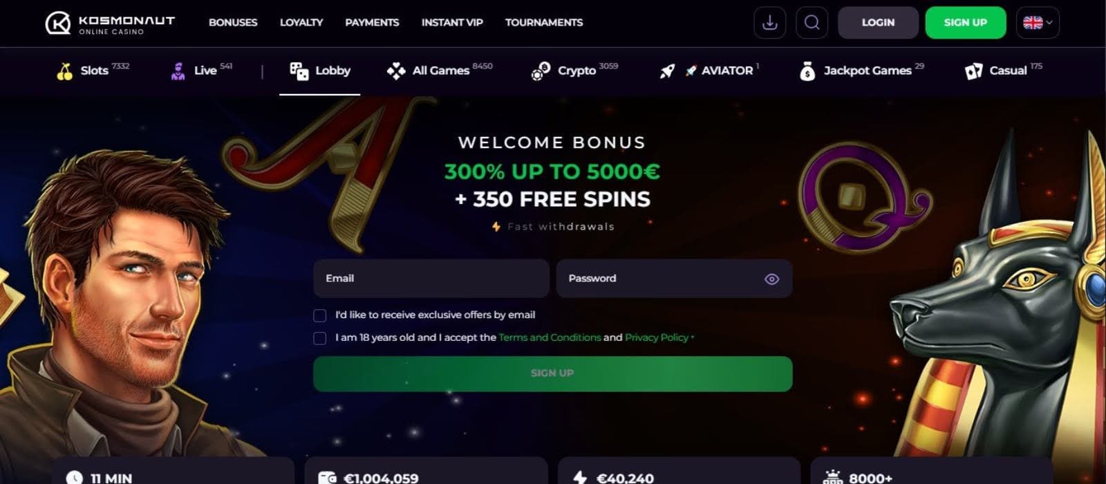 Kosmonaut Casino's homepage, showing the welcome bonus and a sign-up form flanked by game avatars.