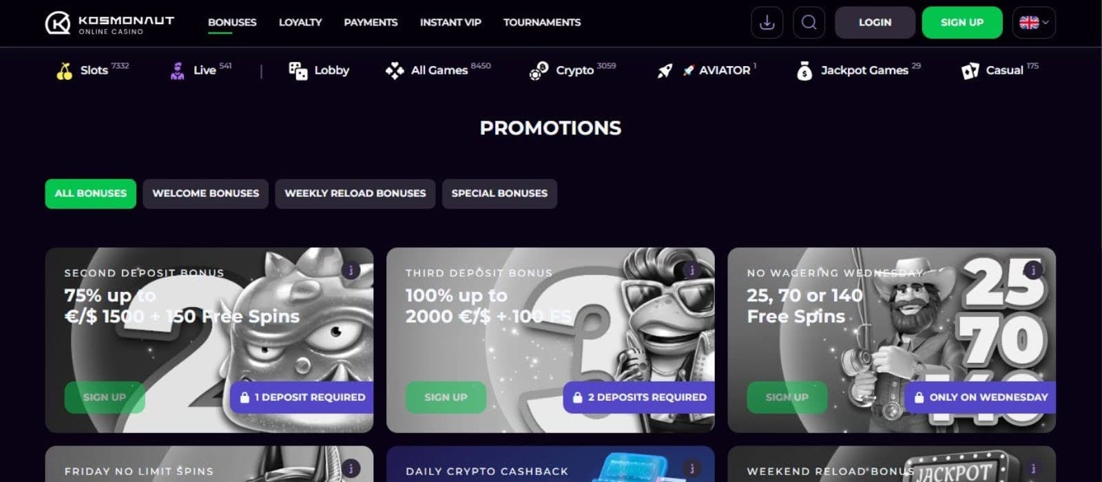 Kosmonaut Casino's promotions page, showing the welcome bonuses and a weekly no-wagering bonus.