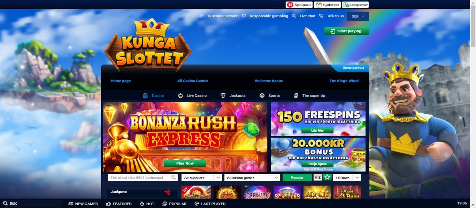 Kungaslottet casino landing page with the welcome bonus offer banner and slot game banner. A blue background with the animated image of a king and his palace is seen