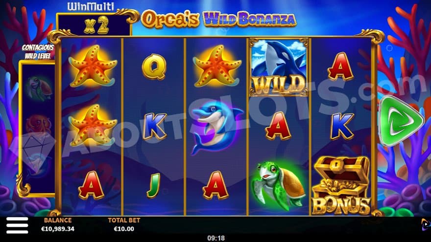 Five reels in an underwater environment with sea creature symbols.