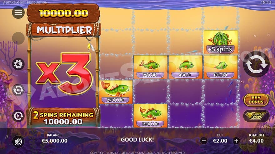 Five Bass Symbols and a 3x multiplier awards €10,000.