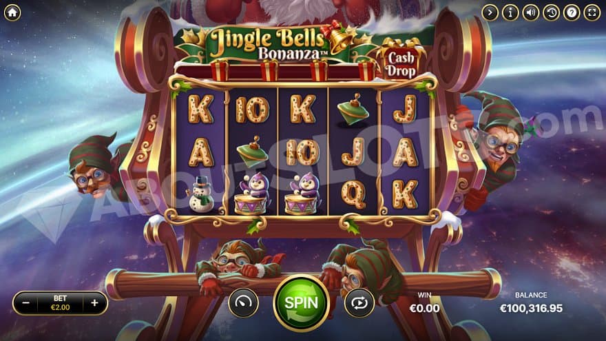A casino slot with five reels on Santa's sleigh.