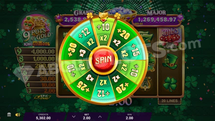 Free Spins Intro Wheel showing various amounts of free spins and multipliers.