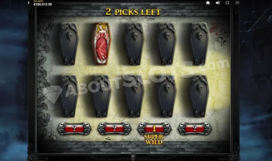 Ten black coffins next to each other with one of them being open, showing a blond woman in a red dress.