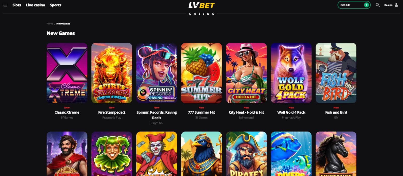 LVBet Casino games page showing new slot releases like Classic Xtreme, Fire Stampede 2, and Wolf Gold 4 Pack.