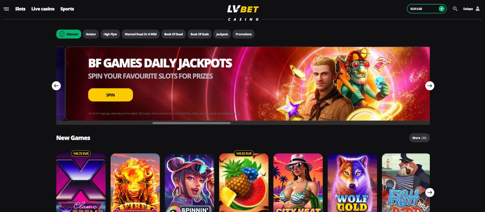 LVBet Casino landing page with Magic Madness Reload banner and featured new games.
