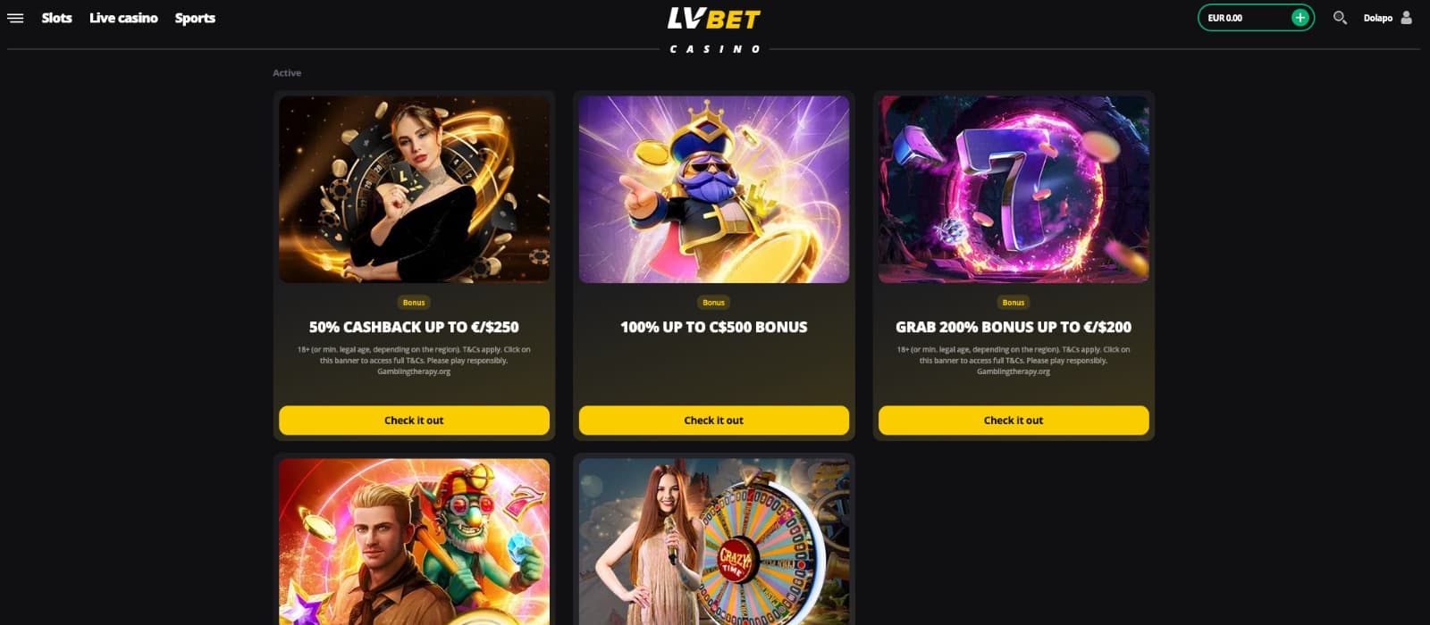 LVBet Casino promotions page highlighting cashback, reload, and welcome bonuses.