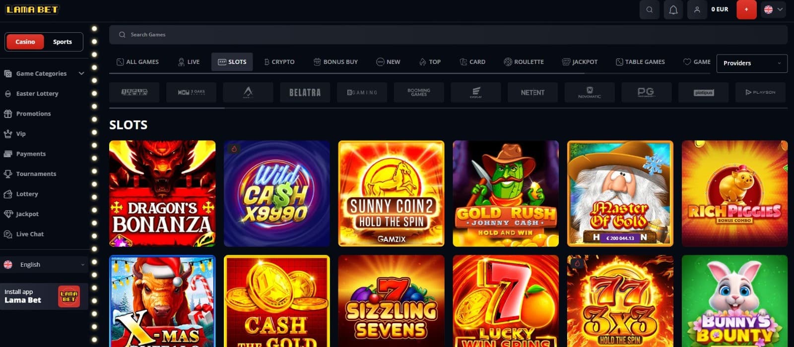  The games page of LamaBet Casino presents a big selection of slot titles, such as Dragon’s Bonanza, Gold Rush, and more.