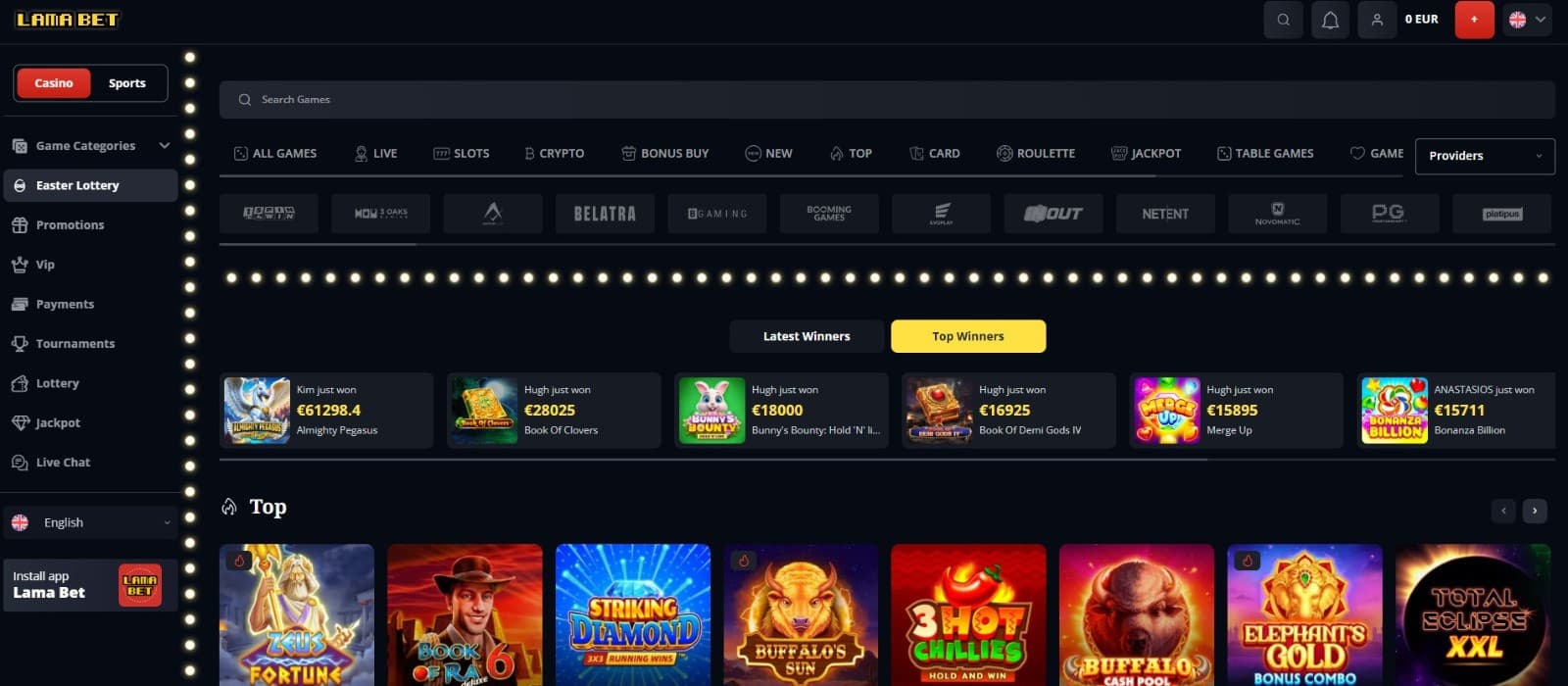 The landing page of LamaBet Casino showcases a rich collection of casino games, such as video slots, live casino games, and more.