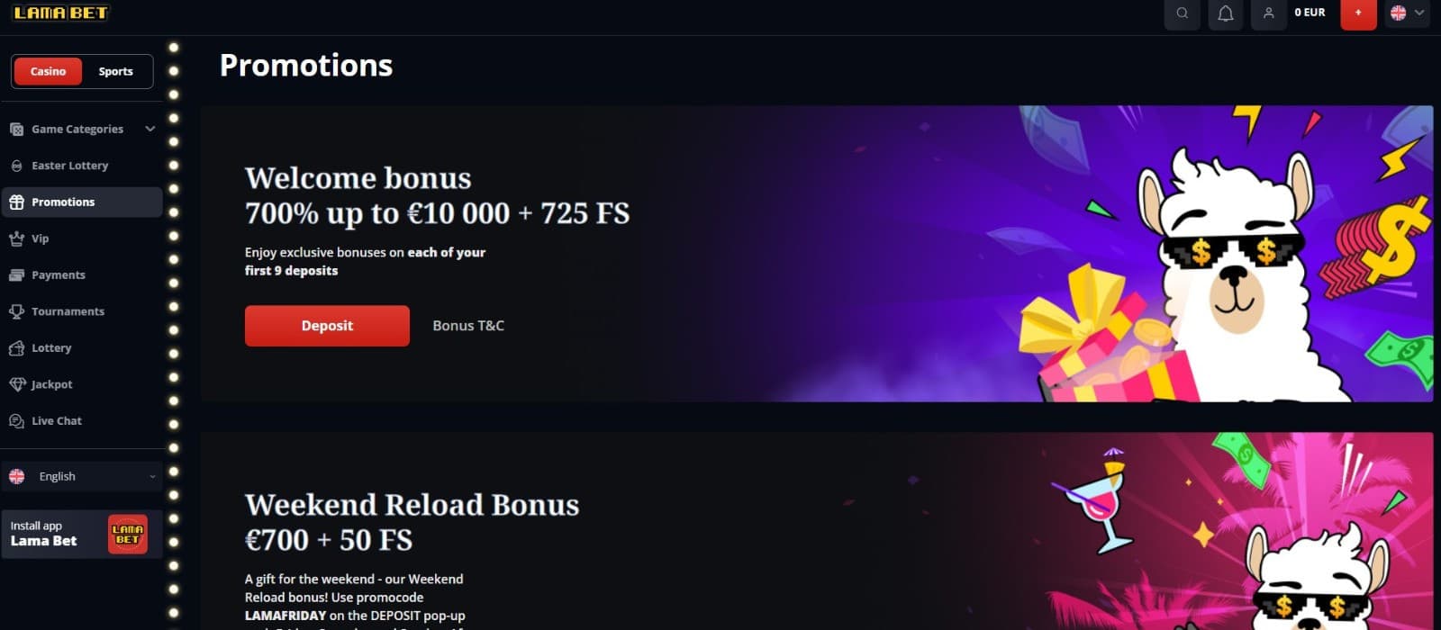 The promotions page of LamaBet Casino presents the welcome bonus and weekend reload bonus.