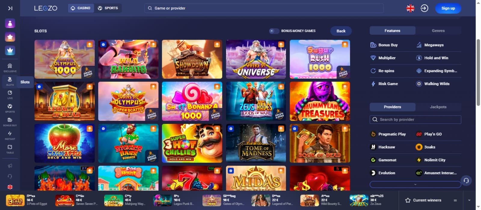 Legzo Casino games page with the colorful slot game icons, provider name filters, game categories and left side navigational panel