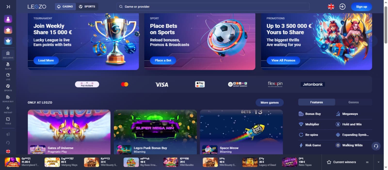 Legzo casino landing page withe various promotional banners, game screenshots, provider names and side navigational panel with blue background