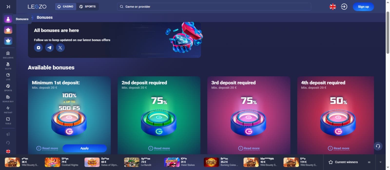 Legzo casino promotions page with the welcome bonus offer on four deposits, side navigational panel and game icons below