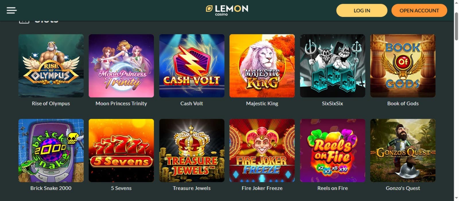 Lemon Casino games page with the various colorful slot game icons and top menus to register