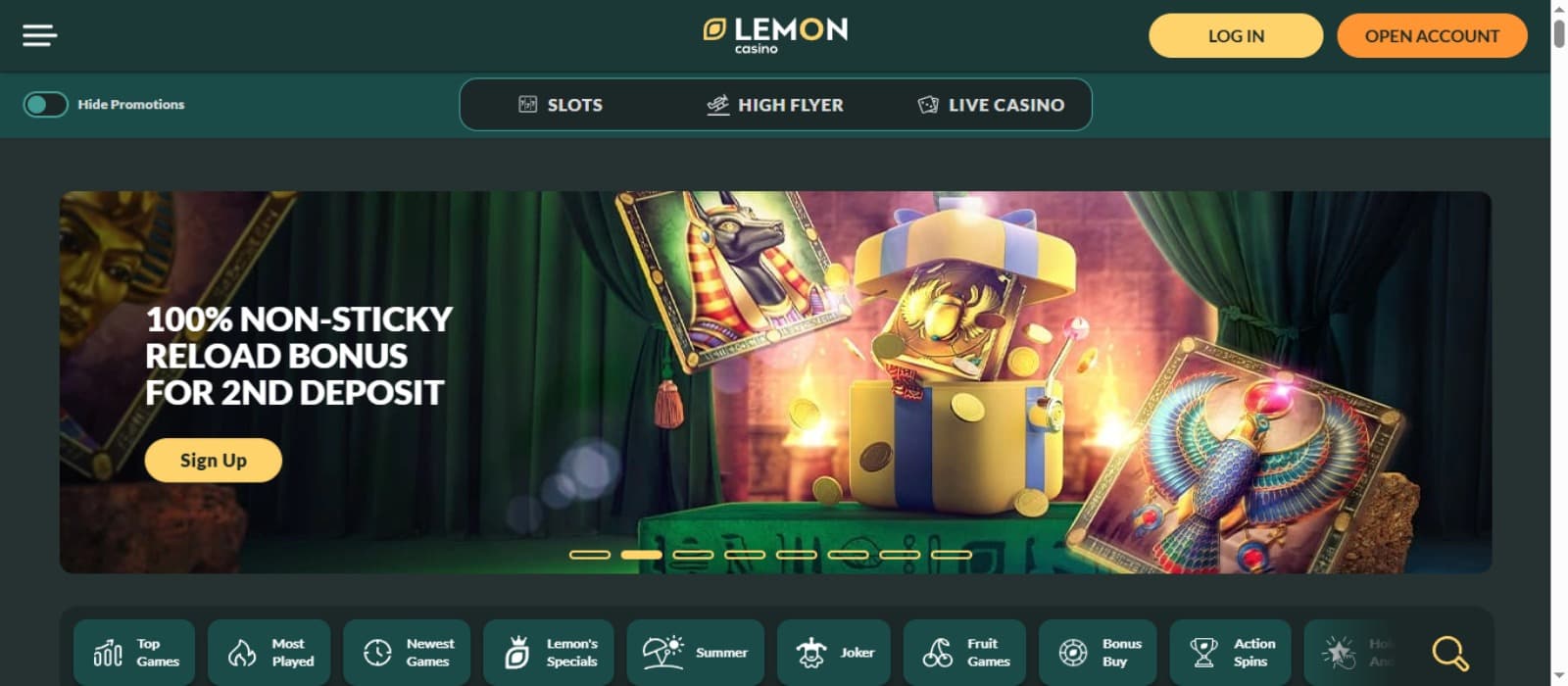 Lemon Casino Landing page with the welcome bonus offer banner, top navigation menus and game categories below
