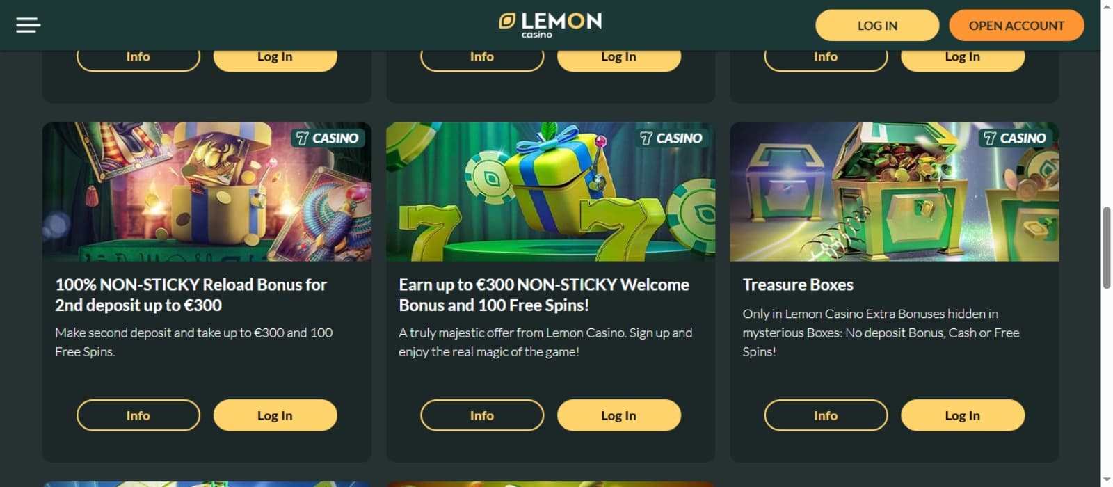 Lemon Casino promotions page with the bonus offer banners and top navigation menus