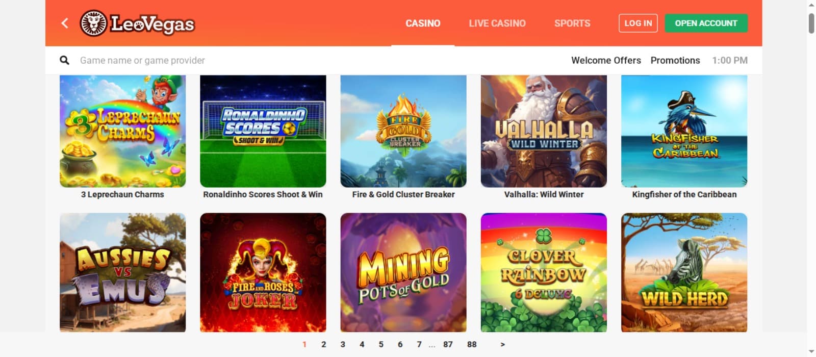 LeoVegas Casino games page with the colorful slot game icons, top navigation menus and game filtering search bar