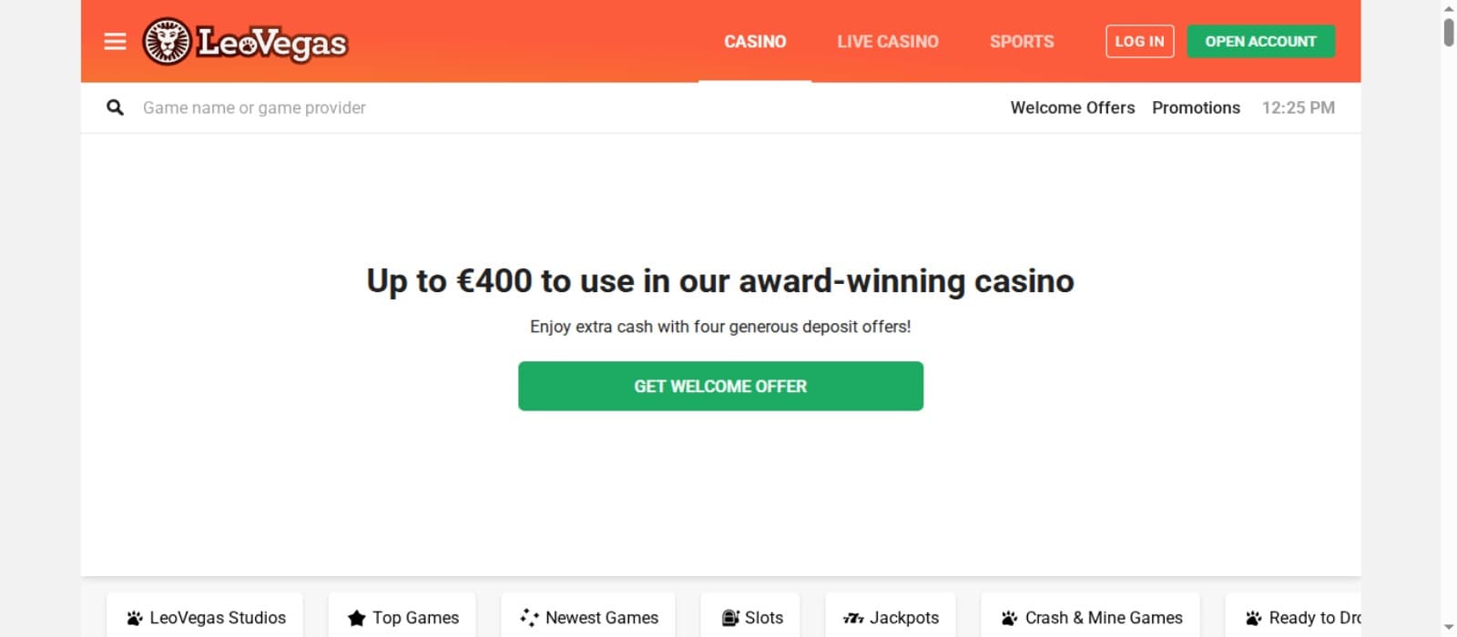 LeoVegas Casino landing page with the welcome bonus offer banner, game category menus below and top navigation menus with the logo of the casino