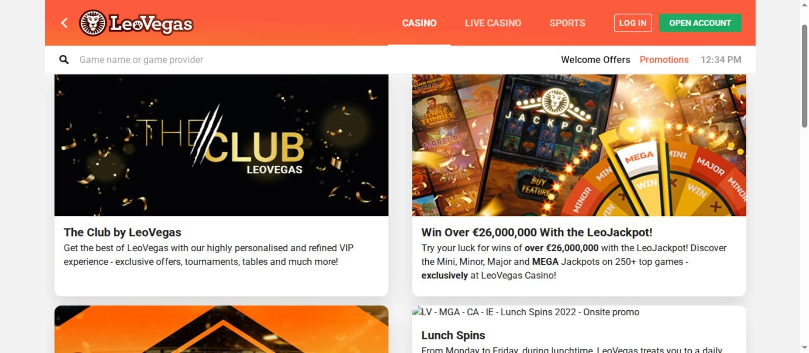 LeoVegas Casino promotions page with the VIP program banner, Mega Tournament banner and other promotion banners with navigation menus at the top