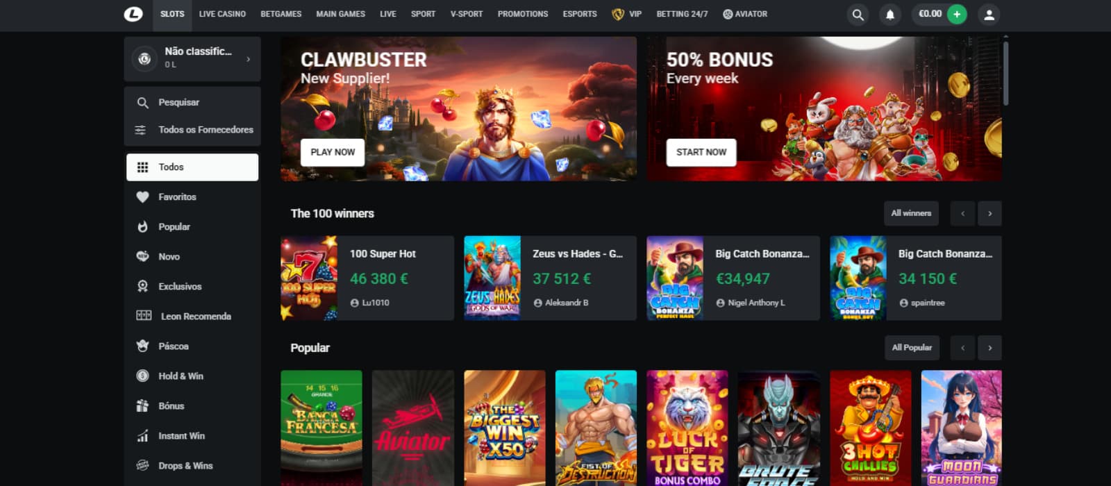 Leon Bet Casino Homepage featuring bonuses and different gameplay