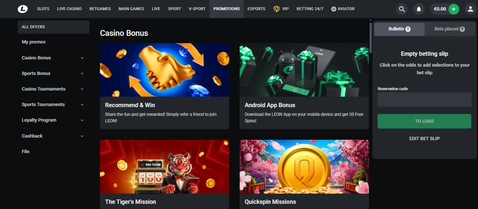 Leon Bet Casino's promotion page displays the casino bonus, mobile app bonus, and quick spin mission.