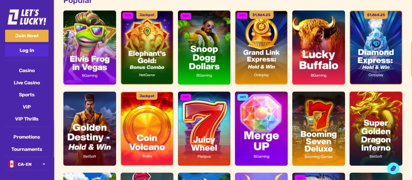 LetsLucky Casino games page with the colorful slot game icons and side navigation menus