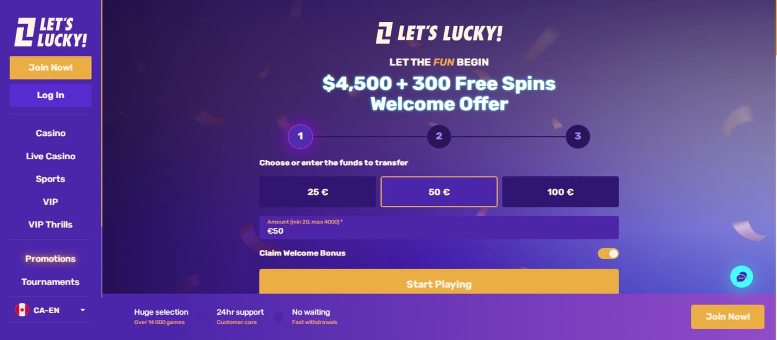 LetsLucky Casino landing page with the welcome bonus offer and side navigation menus