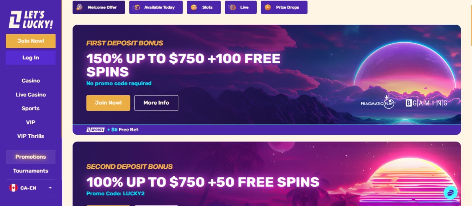 LetsLucky Casino promotions page with the various bonus offer banners including welcome bonus banner and side navigational menus