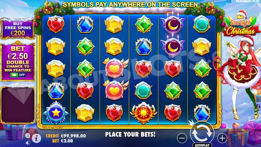 The 6 reels with colorful symbols with a girl in a Santa dress to the right. 