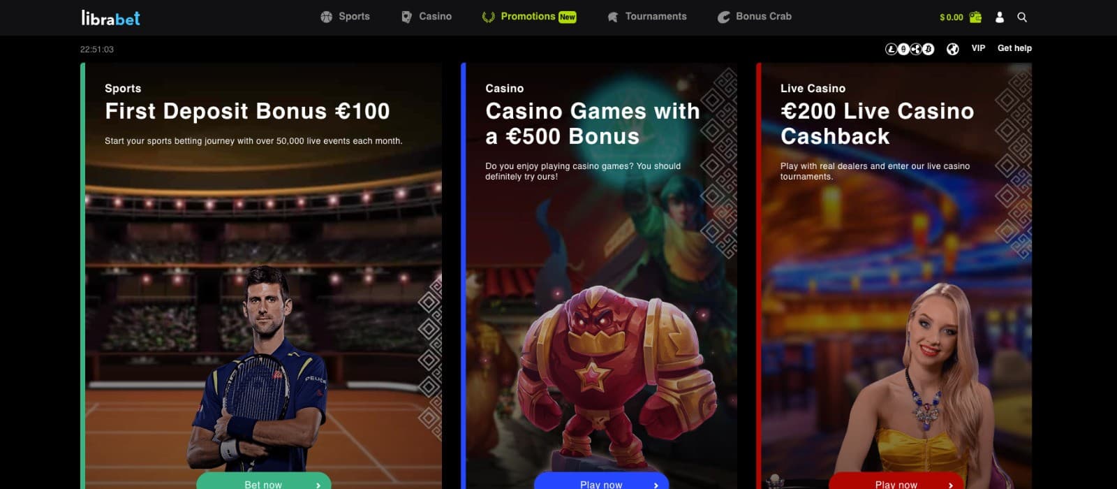 LibraBet Casino landing page featuring gameplay choice and multiple bonuses.