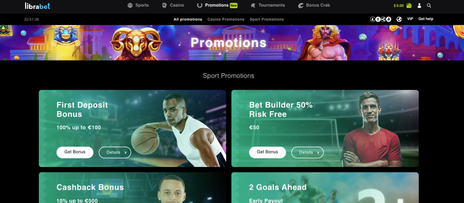 LibraBet Casino promotion page showing welcome bonus, cashback and other promotion packages 