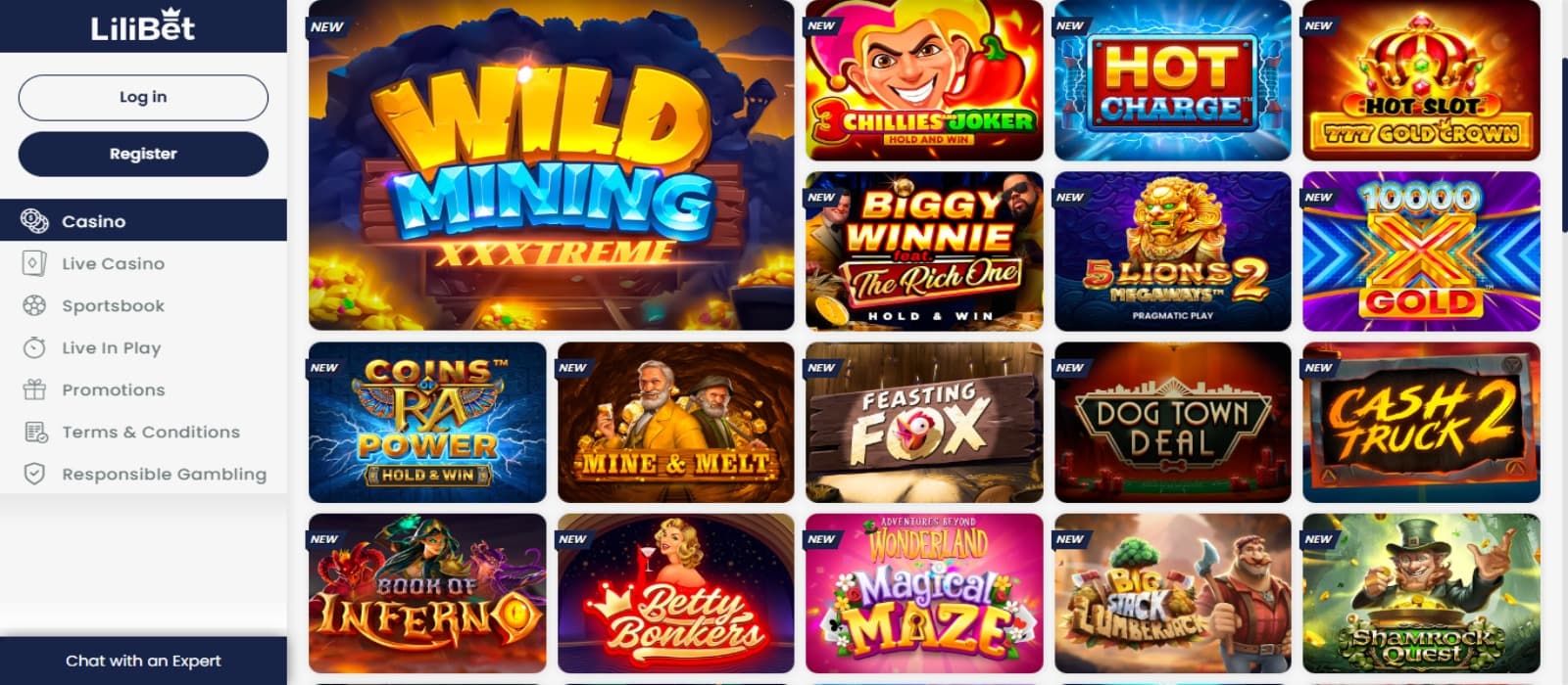 Lilibet Casino games page with the colorful slot game icons and side navigational panel