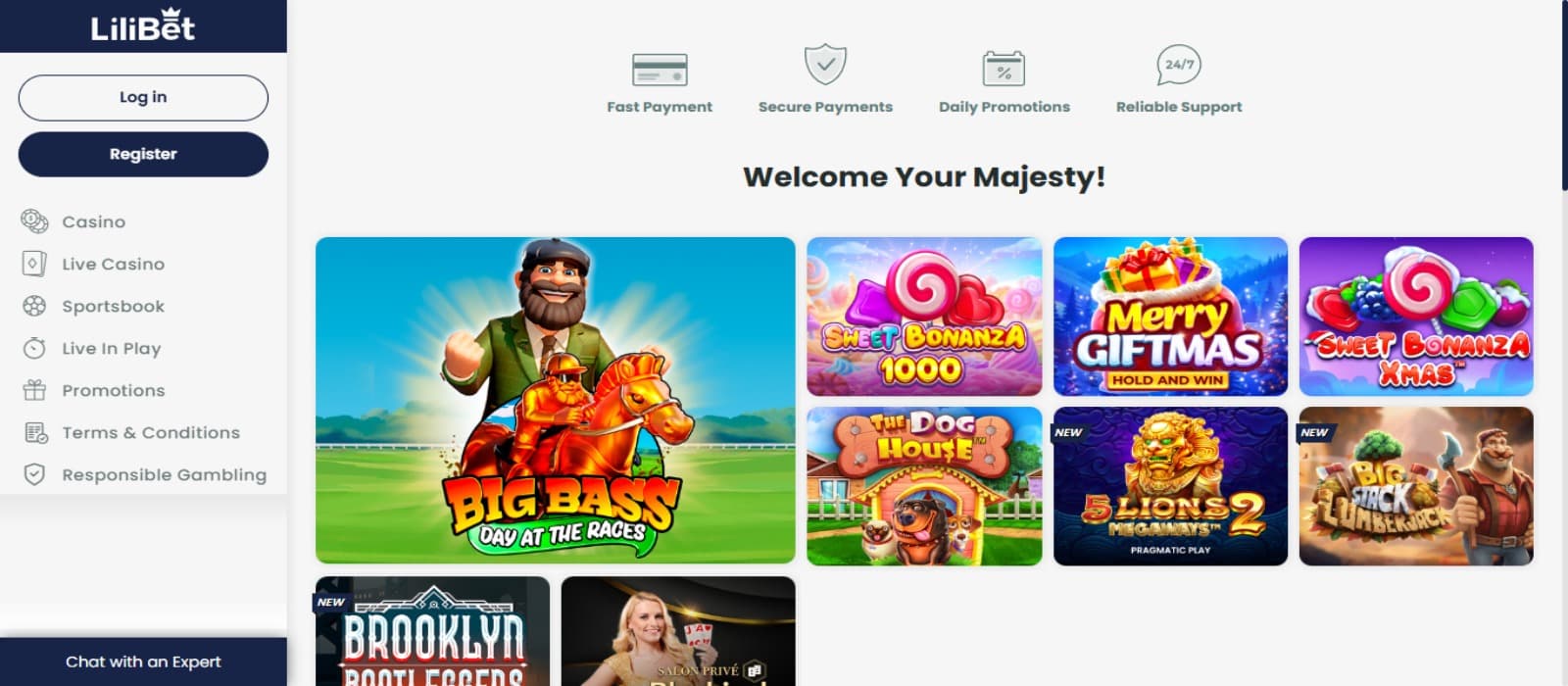 Lilibet Casino landing page with the colorful slot game icons and side navigational panel.