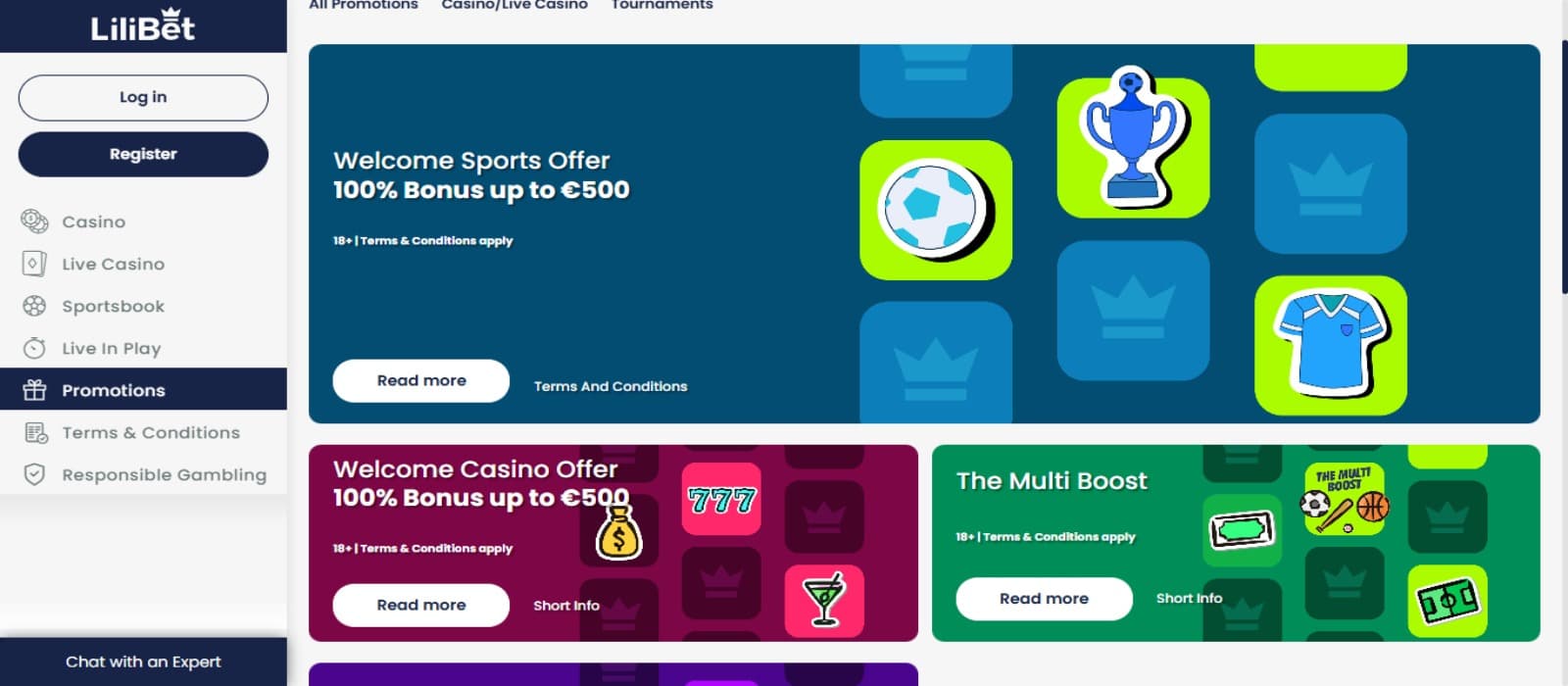 Lilibet Casino promotions page with the various welcome bonus offers and loyalty promotions banners. The side navigational panel is seen too