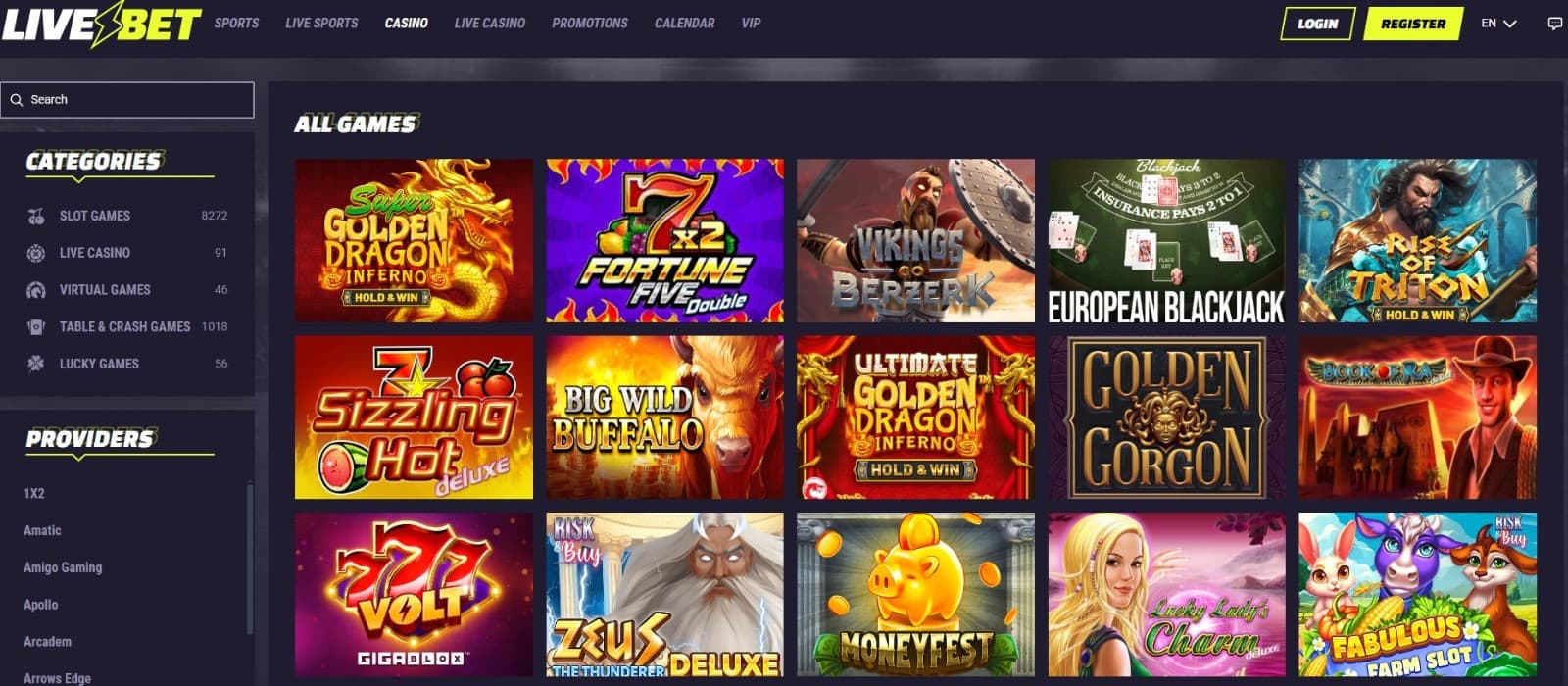 Livebet casino's game section features all the game categories such as slot games, live casino games, and more provided by reputable studios.
