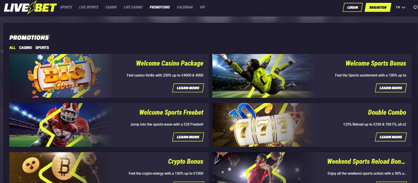 Promotions section of the Livebet casino showcases all the bonuses for sportsbook, online casino, and live casino.