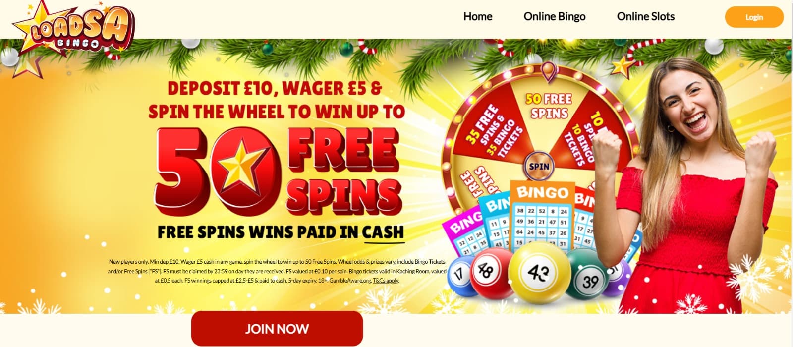 Loadsa Bingo Casino happy woman in red with wheel of fortune and bingo tickets