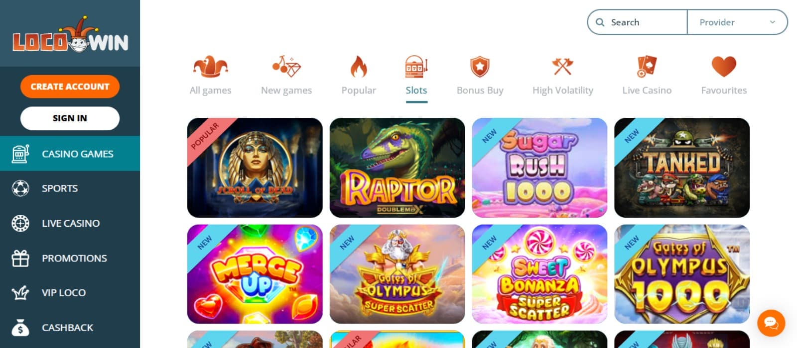 LocoWin Casino games page with the colorful slot game icons and game categories above with the side navigation panel