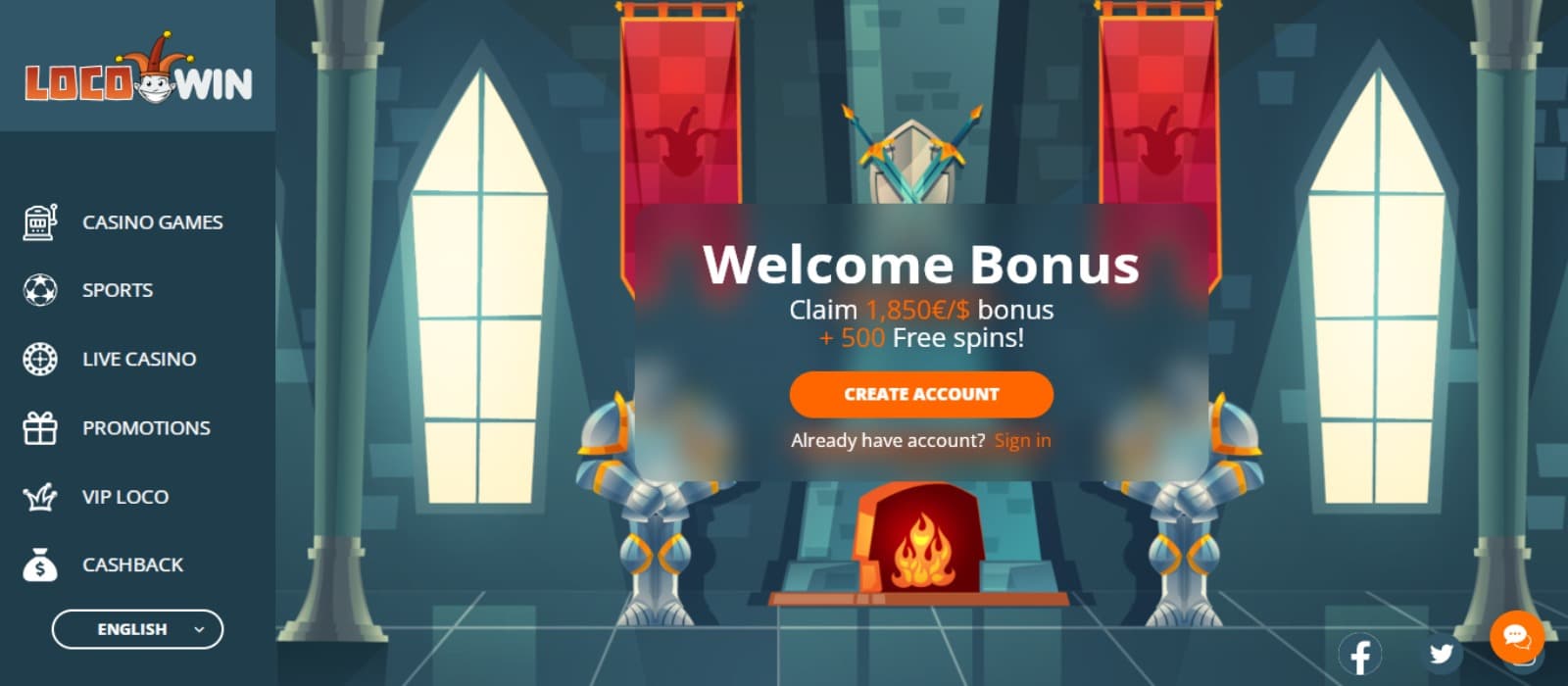 LocoWin Casino landing page with the welcome bonus offer banner and side navigation menus with the casino logo and an image of a castle interior