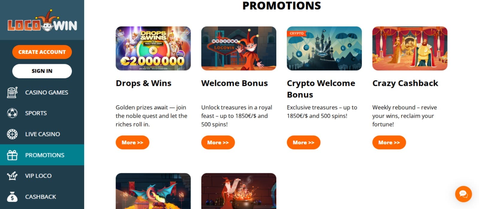 LocoWin Casino promotions page with the various bonus offer banners, side navigation menus with the casino logo
