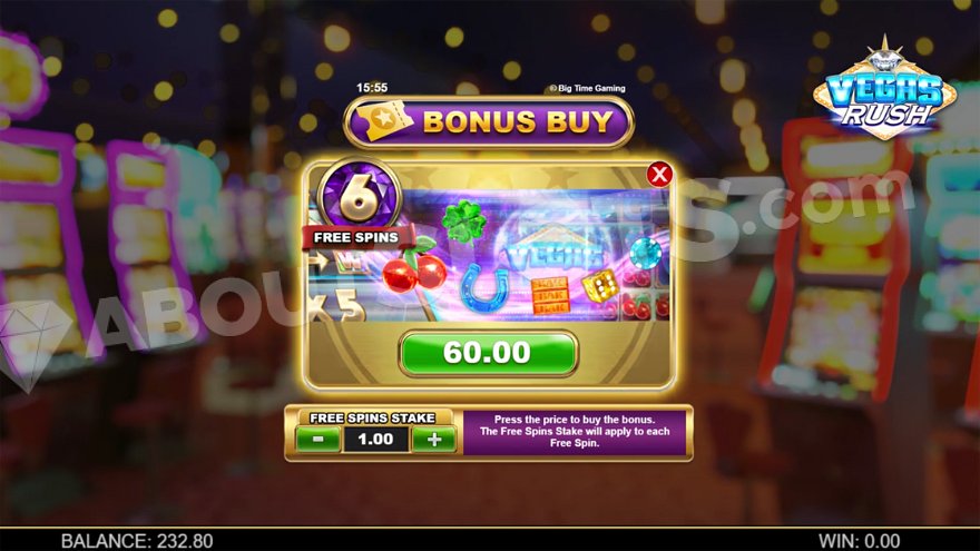 A menu offering 6 free spins for 60X the bet.