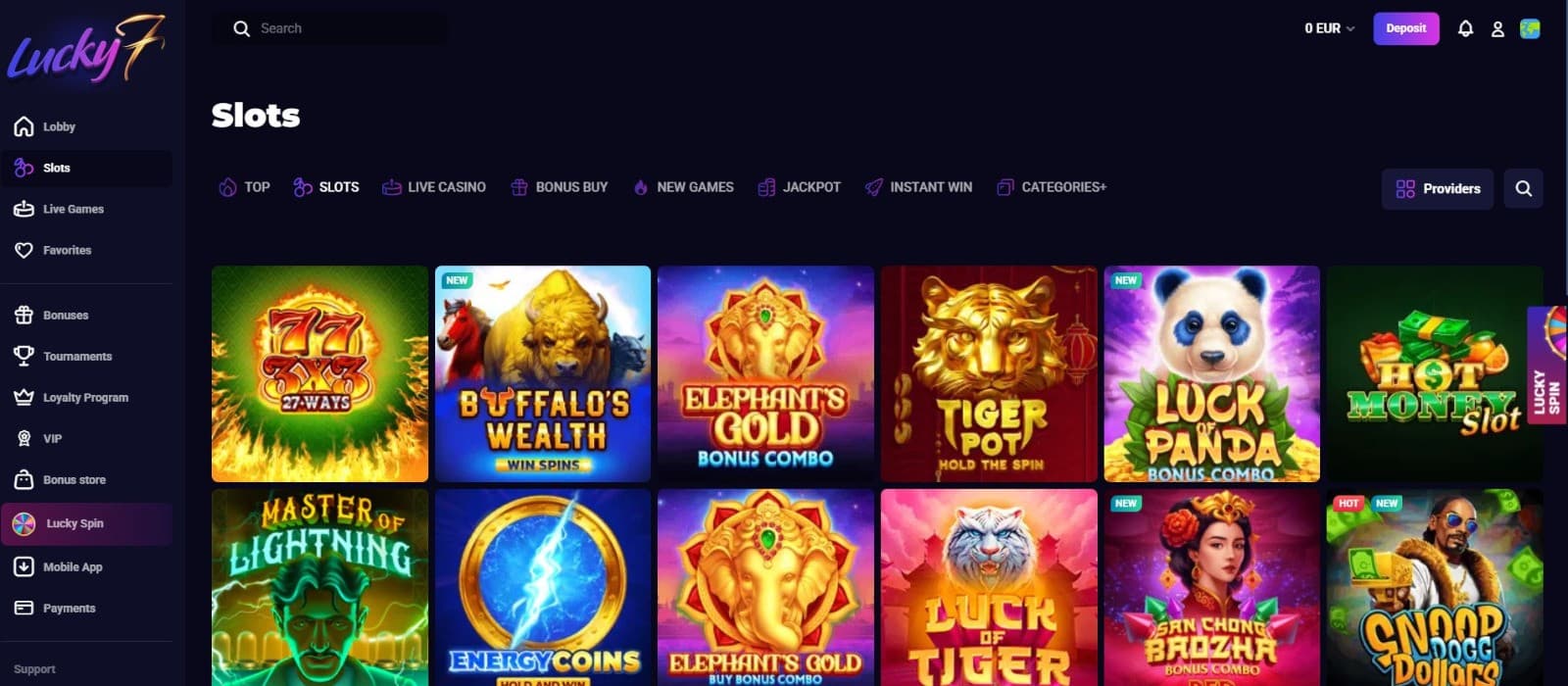  The games page of Lucky7 Casino presents a massive selection of exciting slot games.