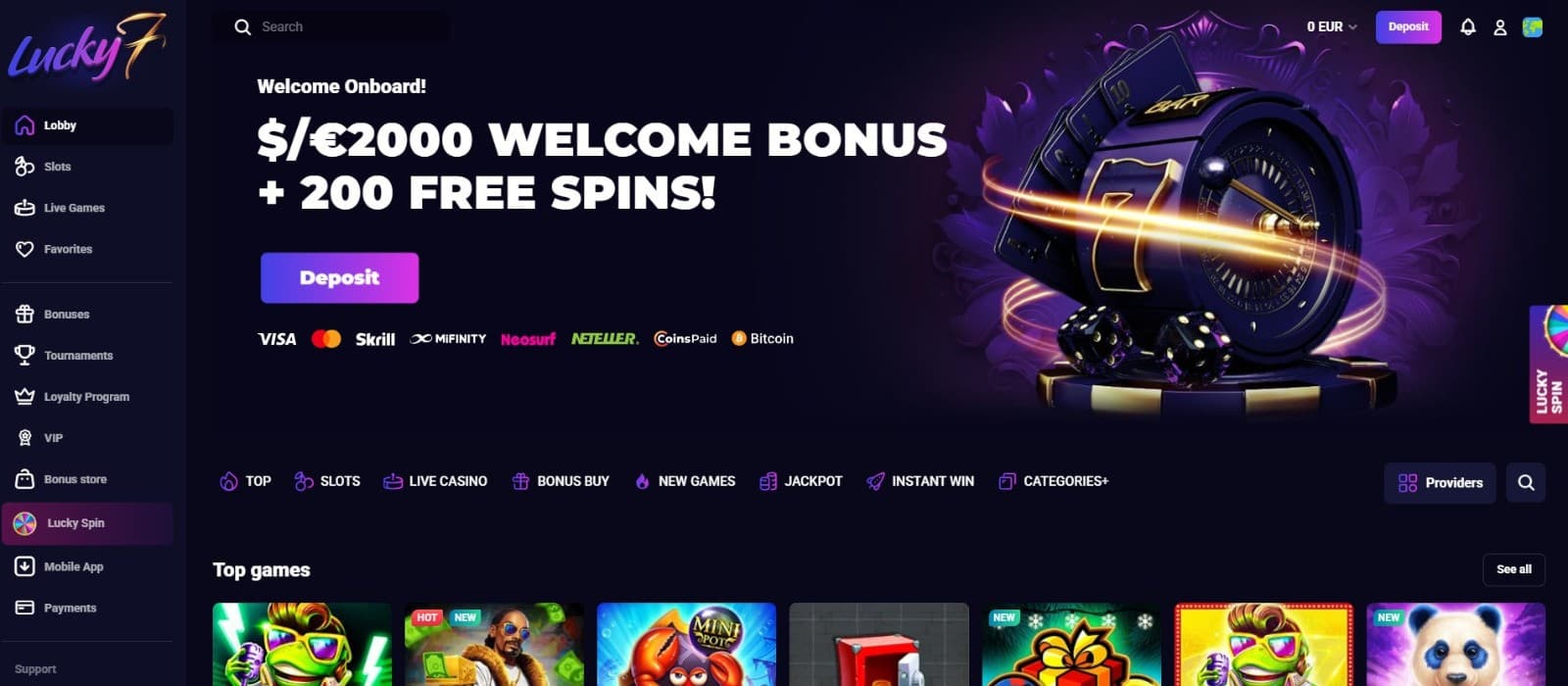 Lucky7 Casino Welcome Bonus can boost your bankroll with bonus cash and free spins on your first four deposits.